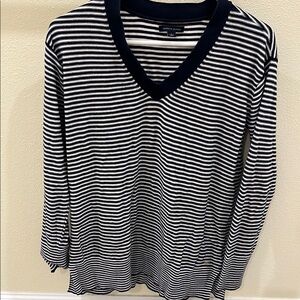Tommy Hilfiger Navy and White Striped V-Neck Sweater